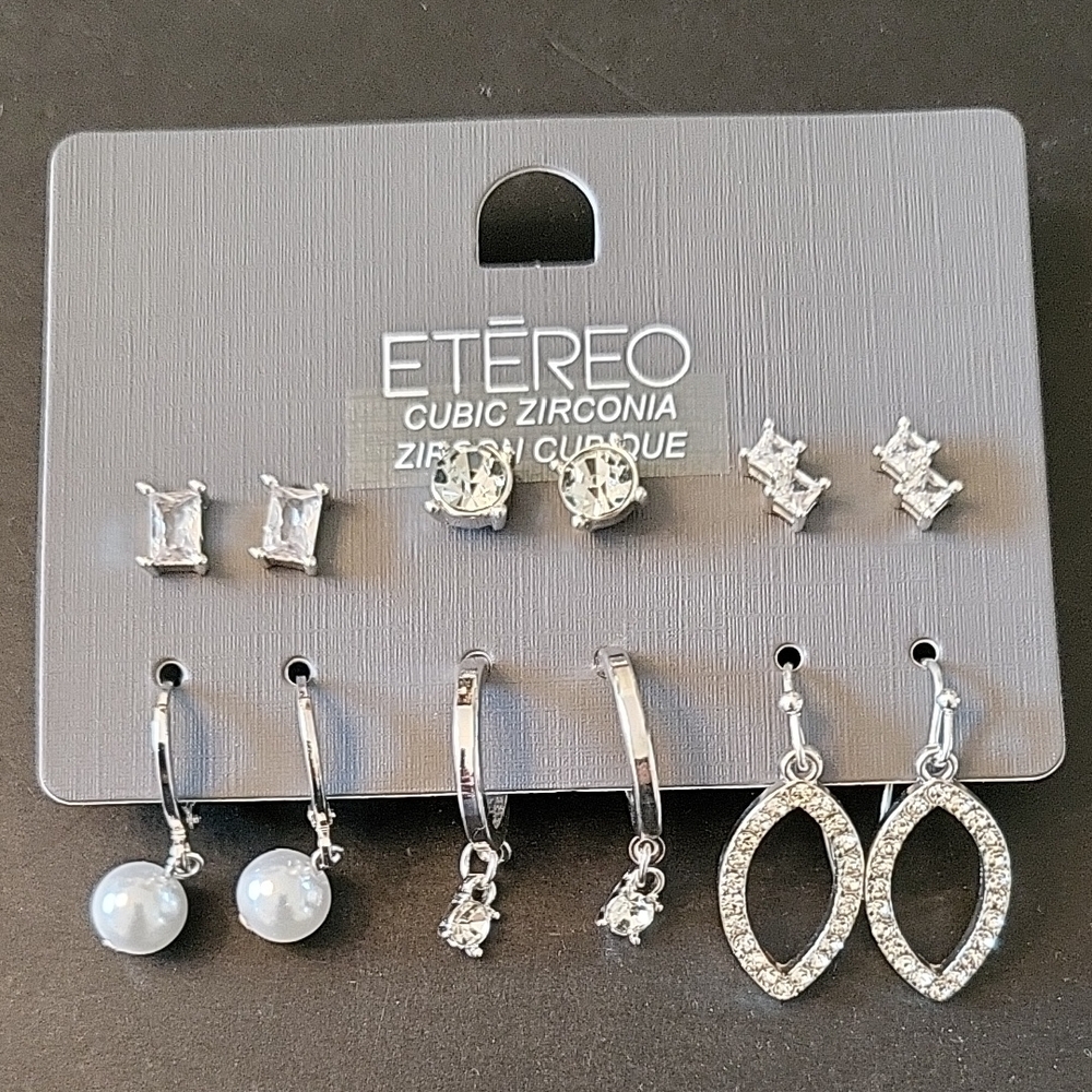 NEW Silver-tone & White Minimalist Earring Set, Crystal &Pearl Accents, 6 pairs!